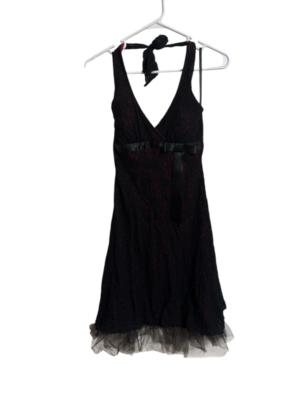VINTAGE - LOVE TEASE Black Lace V-Neck Dress with Tulle Trim